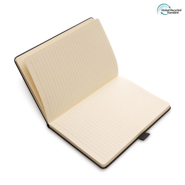 RPET wrapped notebook with PU cover made from recycled polyester and metal plate for engraving. Featuring 80 lined sheets of recycled cream paper, ribbon bookmark and pen loop.