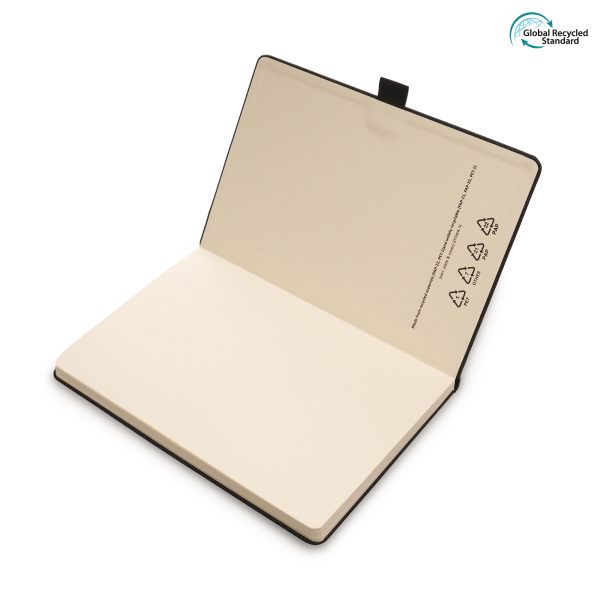 RPET wrapped notebook with PU cover made from recycled polyester and metal plate for engraving. Featuring 80 lined sheets of recycled cream paper, ribbon bookmark and pen loop.