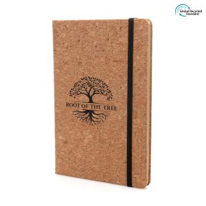 Eco-friendly A5 natural cork cover notebook with 80 lined recycled Kraft sheets, back pocket, ribbon bookmark and black elastic closure.