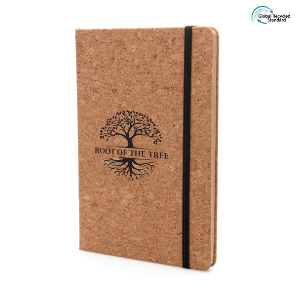 Eco-friendly A5 natural cork cover notebook with 80 lined recycled Kraft sheets, back pocket, ribbon bookmark and black elastic closure.