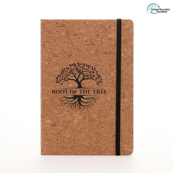 Eco-friendly A5 natural cork cover notebook with 80 lined recycled Kraft sheets, back pocket, ribbon bookmark and black elastic closure.