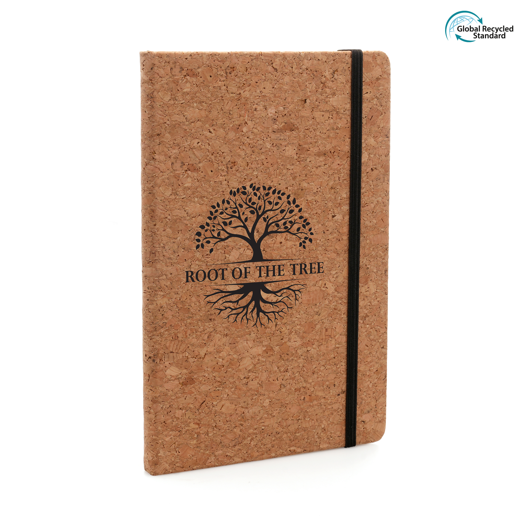 Eco-friendly A5 natural cork cover notebook with 80 lined recycled Kraft sheets, back pocket, ribbon bookmark and black elastic closure.