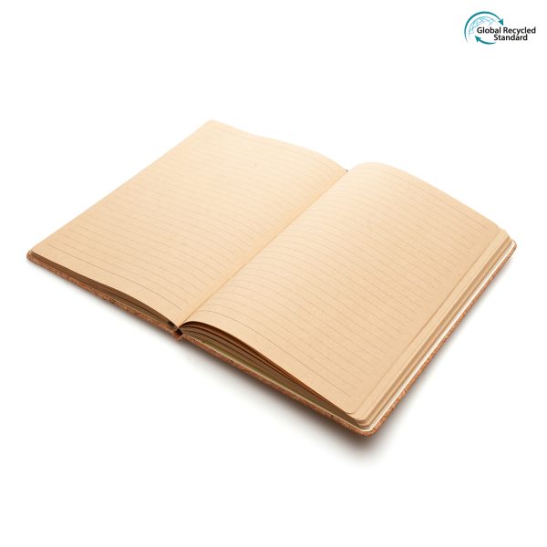 Eco-friendly A5 natural cork cover notebook with 80 lined recycled Kraft sheets, back pocket, ribbon bookmark and black elastic closure.