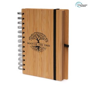 Bamboo board cover notebook with 100 pages of lined recycled Kraft paper, pen loop and elastic closure.