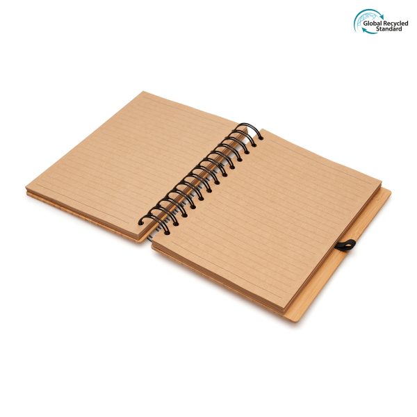 Bamboo board cover notebook with 100 pages of lined recycled Kraft paper, pen loop and elastic closure.