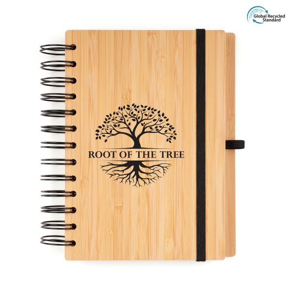 Bamboo board cover notebook with 100 pages of lined recycled Kraft paper, pen loop and elastic closure.