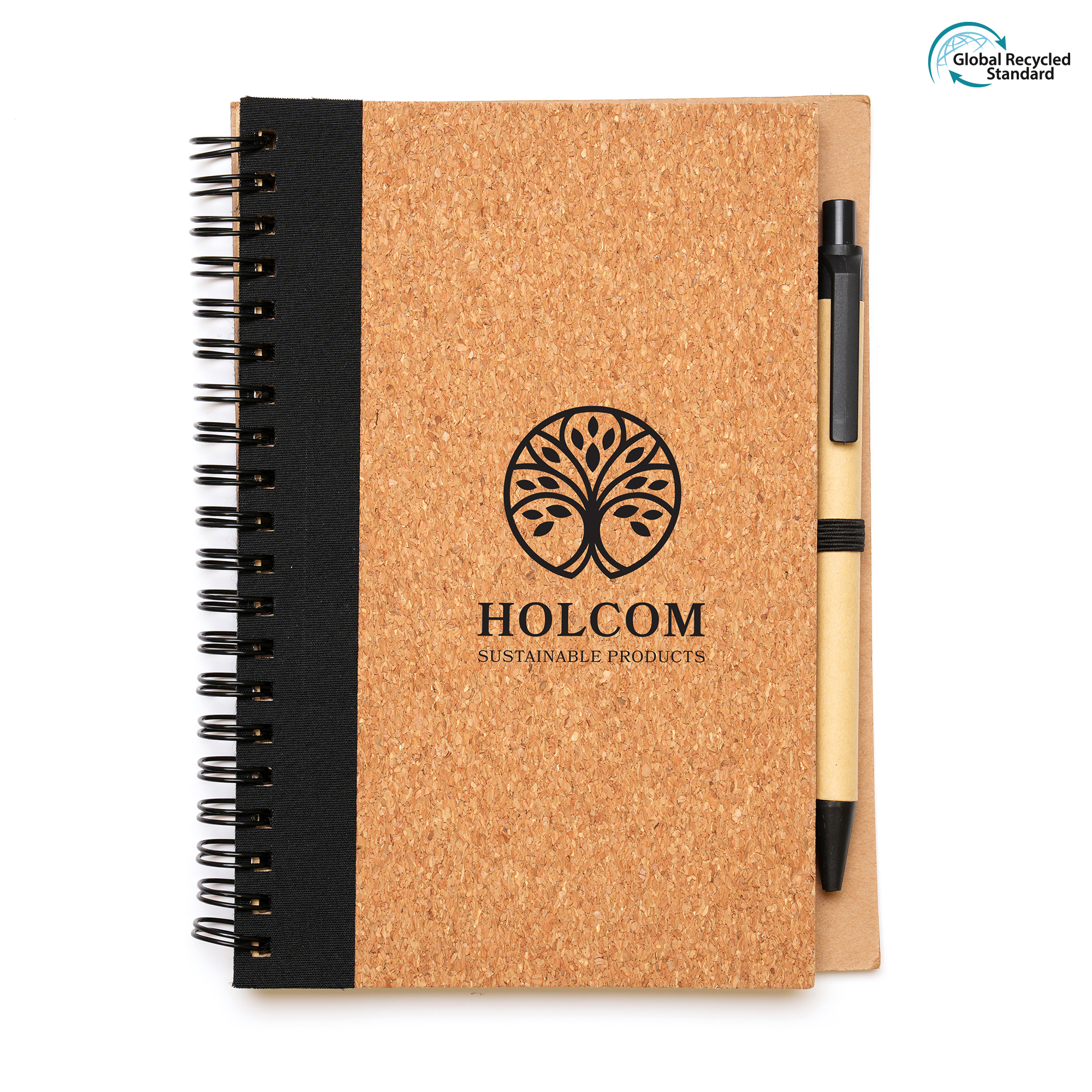 B6 eco-friendly spiral bound notebook with a natural cork cover, 70 lined recycled Kraft sheets with pre-printed eco message, pen loop and a PLA plastic pen with recycled paper body and black ink.