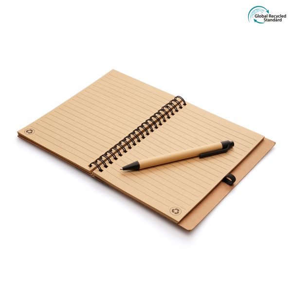 B6 eco-friendly spiral bound notebook with a natural cork cover, 70 lined recycled Kraft sheets with pre-printed eco message, pen loop and a PLA plastic pen with recycled paper body and black ink.