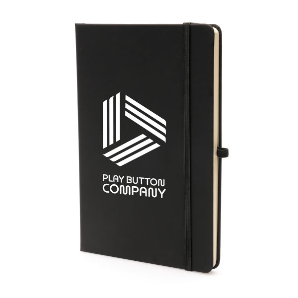 100% recycled notebook with 80 sheets, PU coloured cover, pen loop, back pocket, ribbon bookmark and elastic closure.