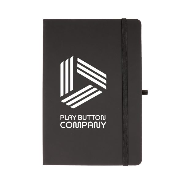 100% recycled notebook with 80 sheets, PU coloured cover, pen loop, back pocket, ribbon bookmark and elastic closure.