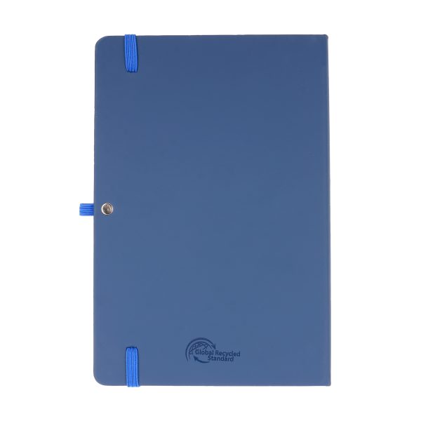 100% recycled notebook with 80 sheets, PU coloured cover, pen loop, back pocket, ribbon bookmark and elastic closure.