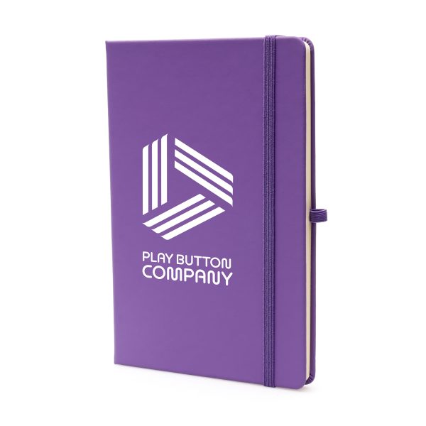 100% recycled notebook with 80 sheets, PU coloured cover, pen loop, back pocket, ribbon bookmark and elastic closure.