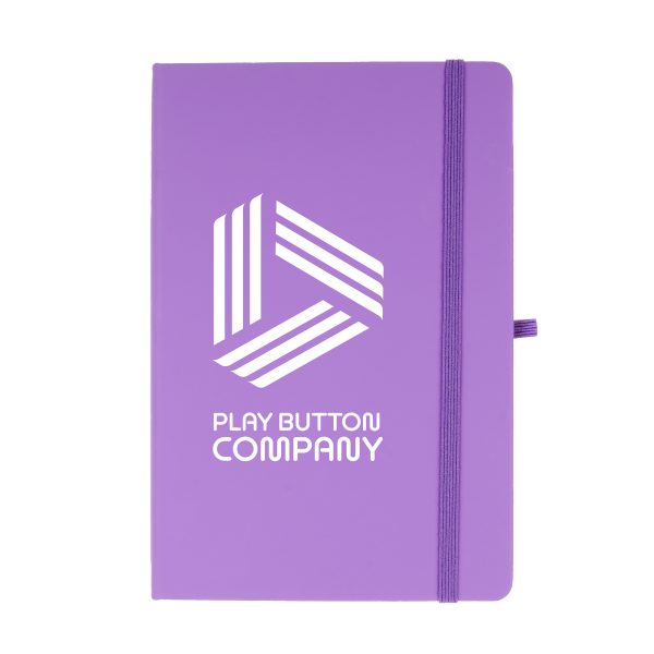 100% recycled notebook with 80 sheets, PU coloured cover, pen loop, back pocket, ribbon bookmark and elastic closure.