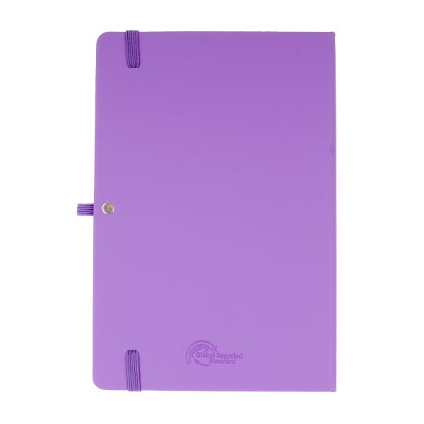 100% recycled notebook with 80 sheets, PU coloured cover, pen loop, back pocket, ribbon bookmark and elastic closure.