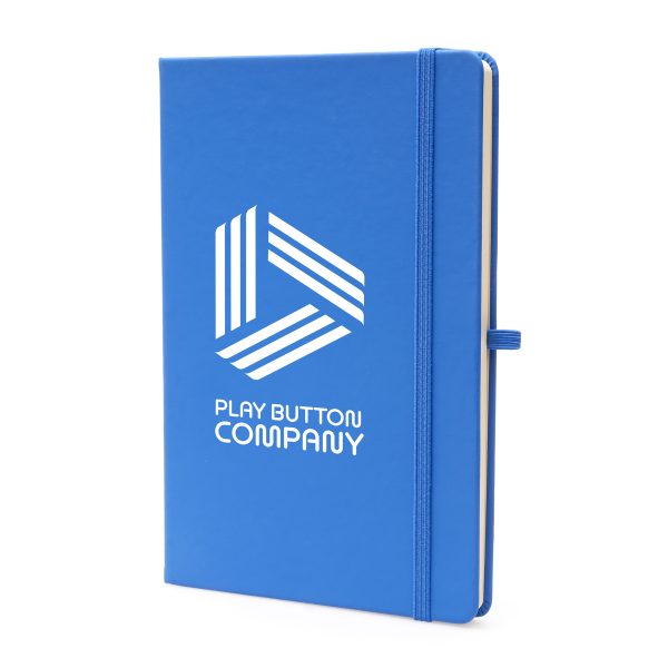 100% recycled notebook with 80 sheets, PU coloured cover, pen loop, back pocket, ribbon bookmark and elastic closure.