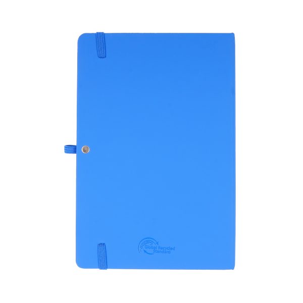 100% recycled notebook with 80 sheets, PU coloured cover, pen loop, back pocket, ribbon bookmark and elastic closure.