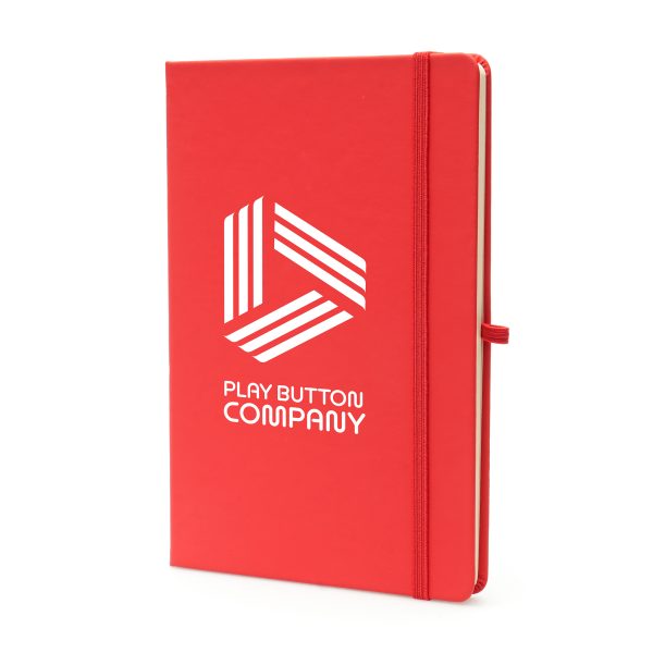 100% recycled notebook with 80 sheets, PU coloured cover, pen loop, back pocket, ribbon bookmark and elastic closure.