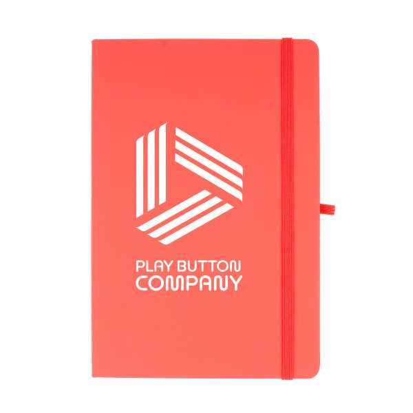 100% recycled notebook with 80 sheets, PU coloured cover, pen loop, back pocket, ribbon bookmark and elastic closure.