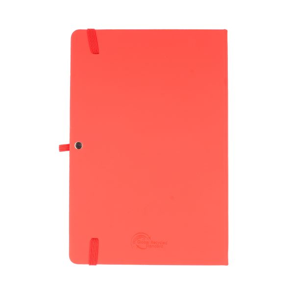 100% recycled notebook with 80 sheets, PU coloured cover, pen loop, back pocket, ribbon bookmark and elastic closure.