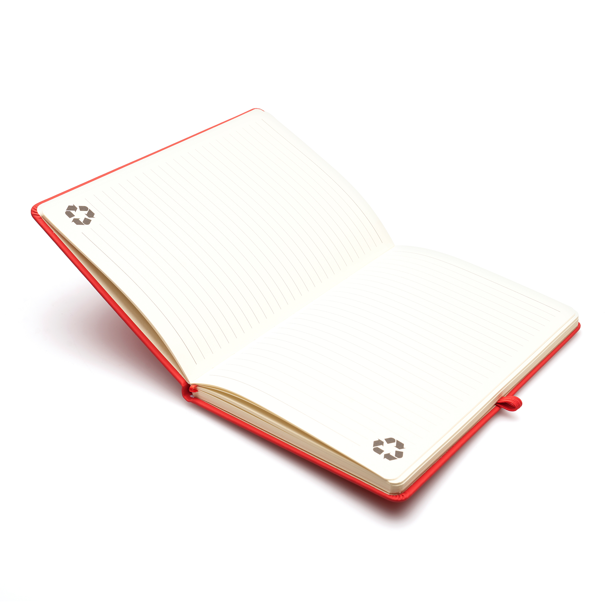 100% recycled notebook with 80 sheets, PU coloured cover, pen loop, back pocket, ribbon bookmark and elastic closure.