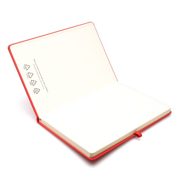 100% recycled notebook with 80 sheets, PU coloured cover, pen loop, back pocket, ribbon bookmark and elastic closure.