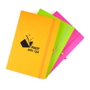 Neon A5 PU soft finish notebook with 80 lined sheets, elastic closure, pen loop and bookmark ribbon