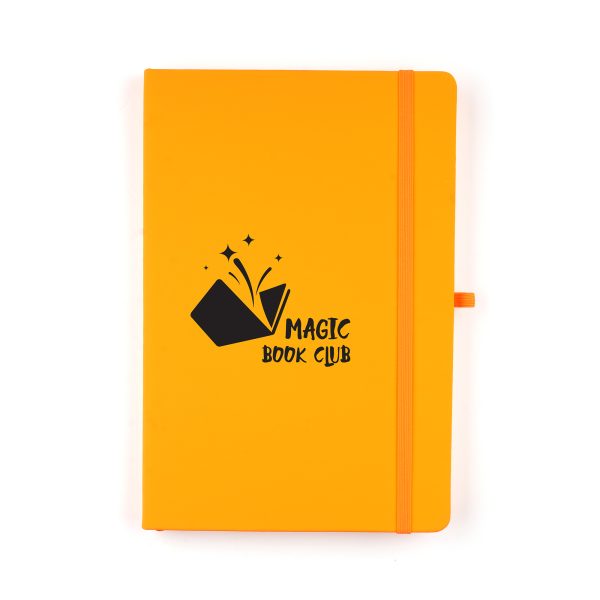 Neon A5 PU soft finish notebook with 80 lined sheets, elastic closure, pen loop and bookmark ribbon