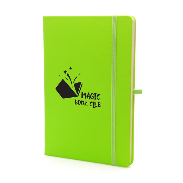 Neon A5 PU soft finish notebook with 80 lined sheets, elastic closure, pen loop and bookmark ribbon