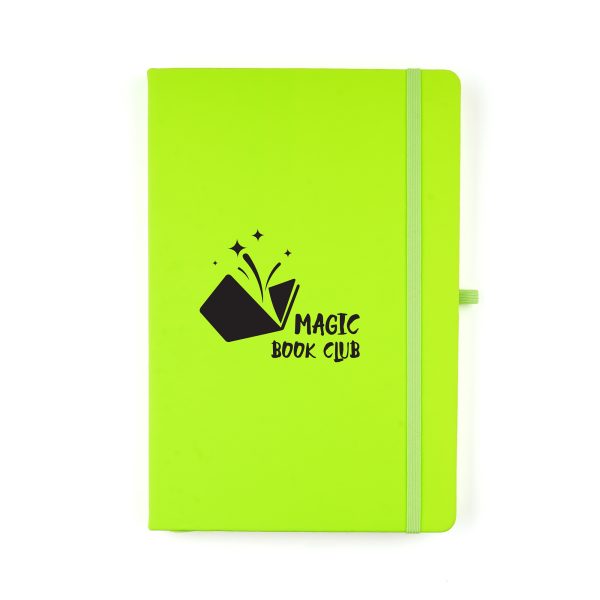 Neon A5 PU soft finish notebook with 80 lined sheets, elastic closure, pen loop and bookmark ribbon