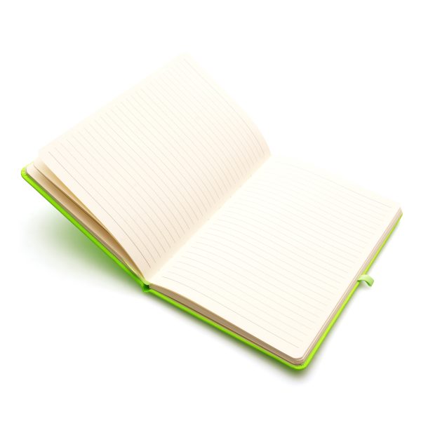 Neon A5 PU soft finish notebook with 80 lined sheets, elastic closure, pen loop and bookmark ribbon