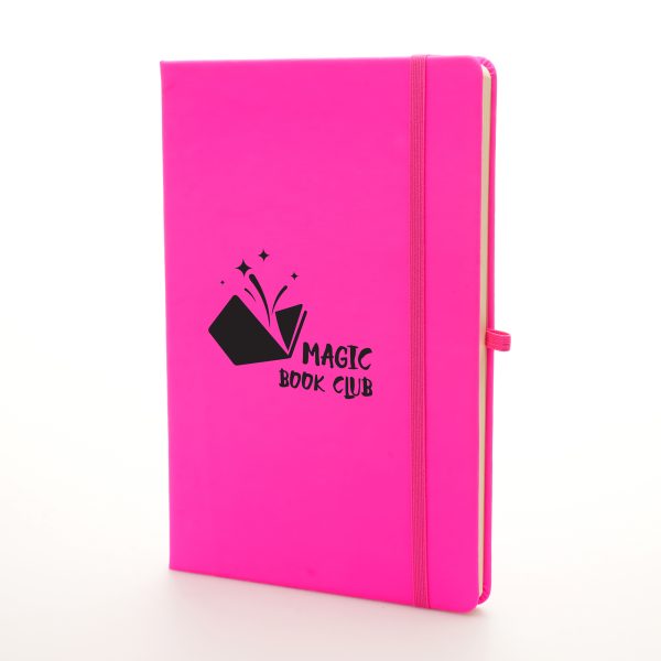 Neon A5 PU soft finish notebook with 80 lined sheets, elastic closure, pen loop and bookmark ribbon