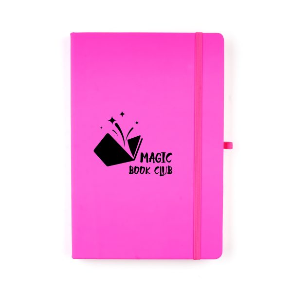 Neon A5 PU soft finish notebook with 80 lined sheets, elastic closure, pen loop and bookmark ribbon