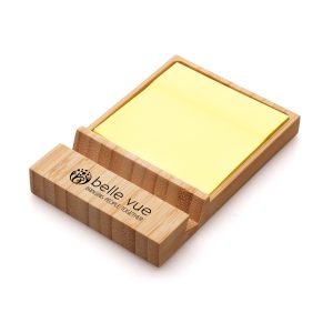 Bamboo phone stand and sticky note holder with 50 square yellow sticky notes.