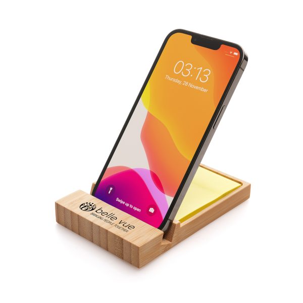 Bamboo phone stand and sticky note holder with 50 square yellow sticky notes.