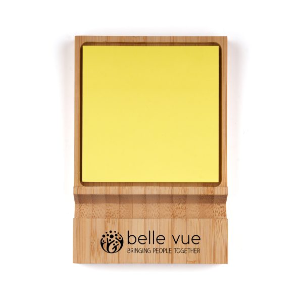 Bamboo phone stand and sticky note holder with 50 square yellow sticky notes.