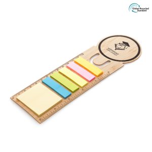 A bamboo bookmark with colourful sticky notes made from recycled paper and cm/inch ruler to the edge.