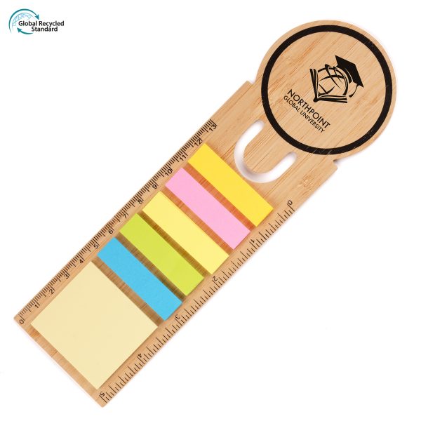 A bamboo bookmark with colourful sticky notes made from recycled paper and cm/inch ruler to the edge.