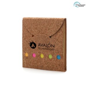 Cork cover flip open booklet with 100 sticky notes and flags in 5 colours.