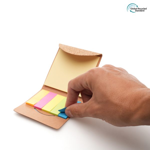 Cork cover flip open booklet with 100 sticky notes and flags in 5 colours.