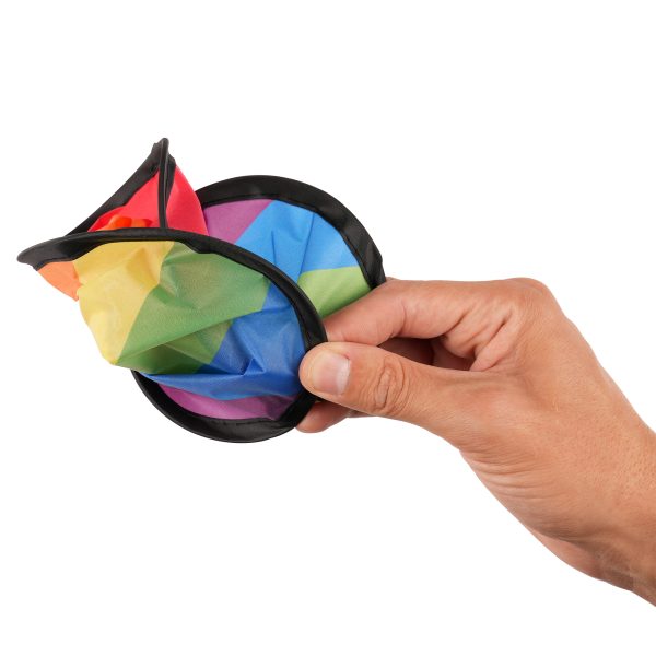 Polyester foldable flying disc and pouch with an eye-catching rainbow design. Folds into a handy pocket sized pouch to save space when travelling.