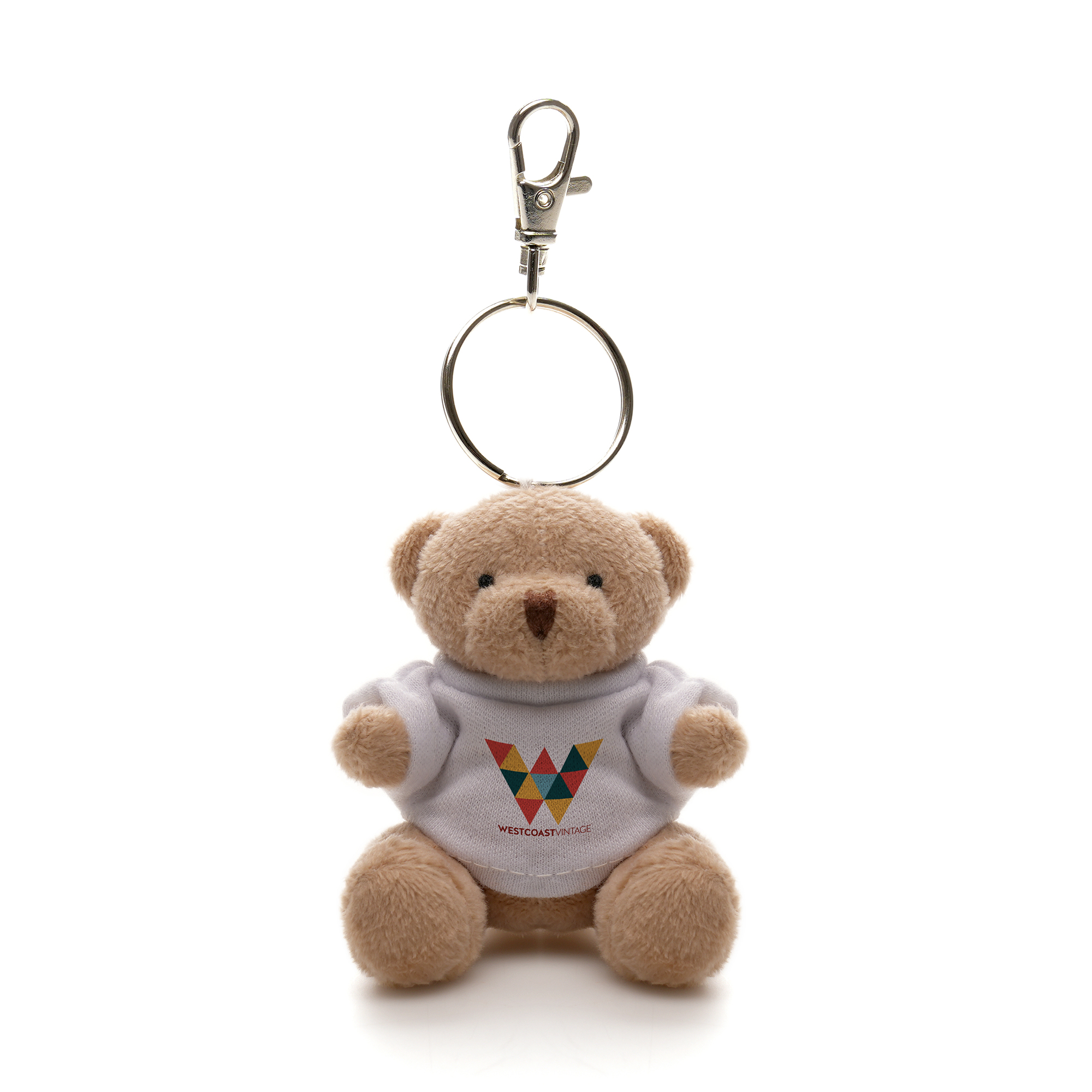 Crafted with polyester fabric for soft touch, cotton filler for perfect cuddling, platinum trigger clip with split ring for secure attachment and plastic eyes, this 8cm teddy keyring exudes character and charm.