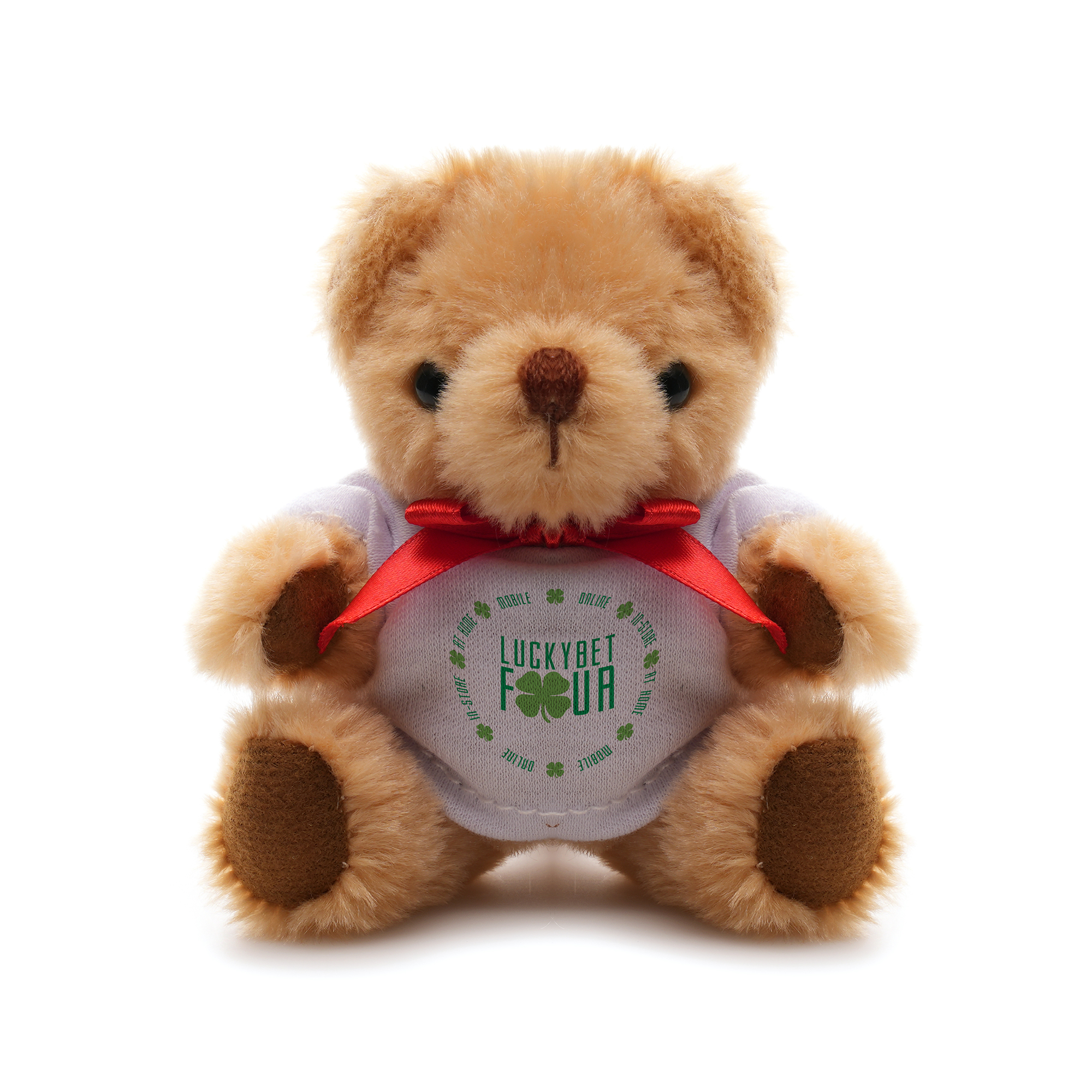 Crafted with polyester fabric and red ribbon neck tie, this 13cm teddy bear comes with imoving arms and lets, cotton filler, embroidered thread nose and mouth, plastic eyes adding a real element and white t-shirt for branding.