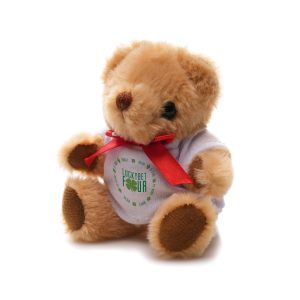 Crafted with polyester fabric and red ribbon neck tie, this 13cm teddy bear comes with imoving arms and lets, cotton filler, embroidered thread nose and mouth, plastic eyes adding a real element and white t-shirt for branding.
