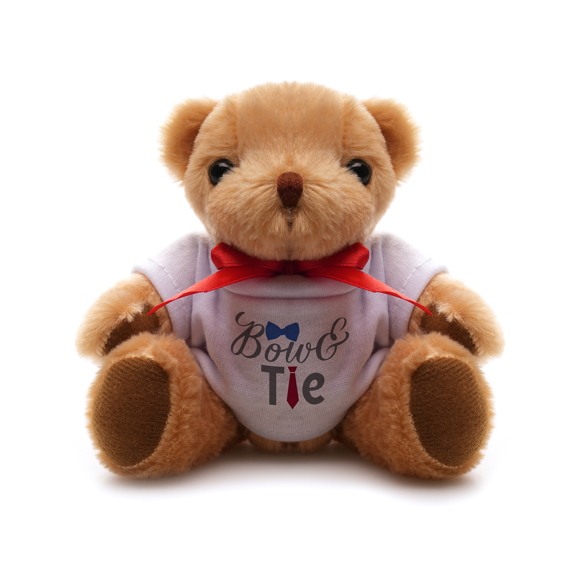 Crafted with polyester fabric and red ribbon neck tie, this 20cm teddy bear comes with moving arms and legs, cotton filler, embroidered thread nose, suede hands and ear pads, plastic eyes adding a real element and white t-shirt for branding.