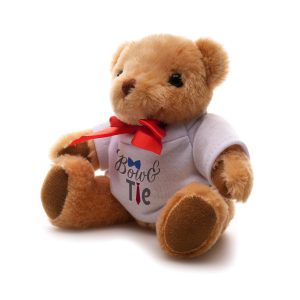 Crafted with polyester fabric and red ribbon neck tie, this 20cm teddy bear comes with moving arms and legs, cotton filler, embroidered thread nose, suede hands and ear pads, plastic eyes adding a real element and white t-shirt for branding.