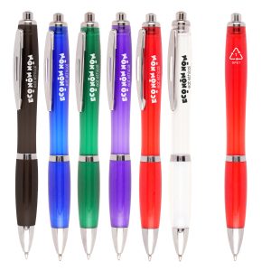 95% recycled RPET plastic ball pen with a push action and curvy design. An added iron clip for premium touch.