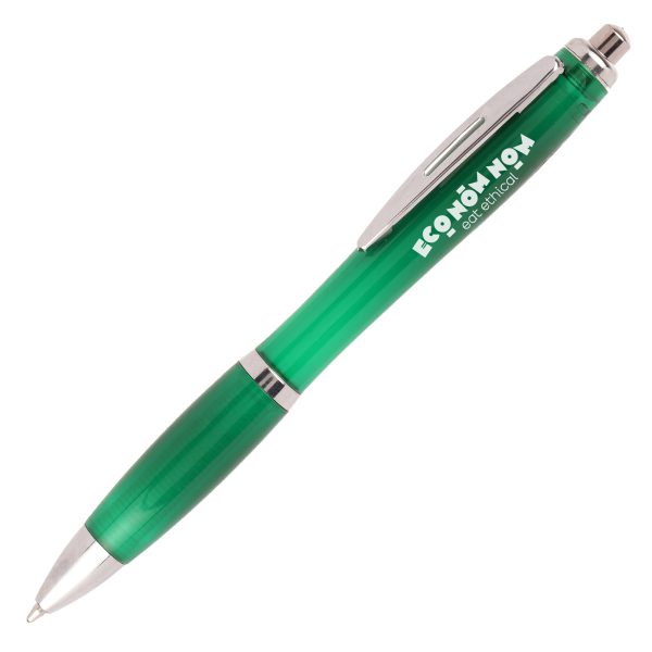 95% recycled RPET plastic ball pen with a push action and curvy design. An added iron clip for premium touch.