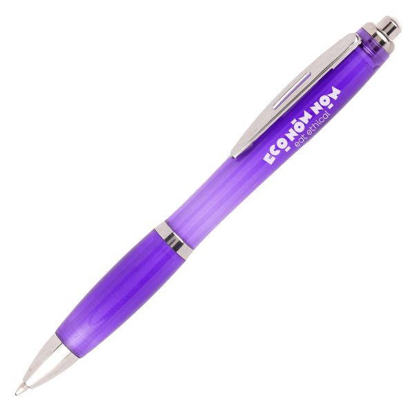 95% recycled RPET plastic ball pen with a push action and curvy design. An added iron clip for premium touch.