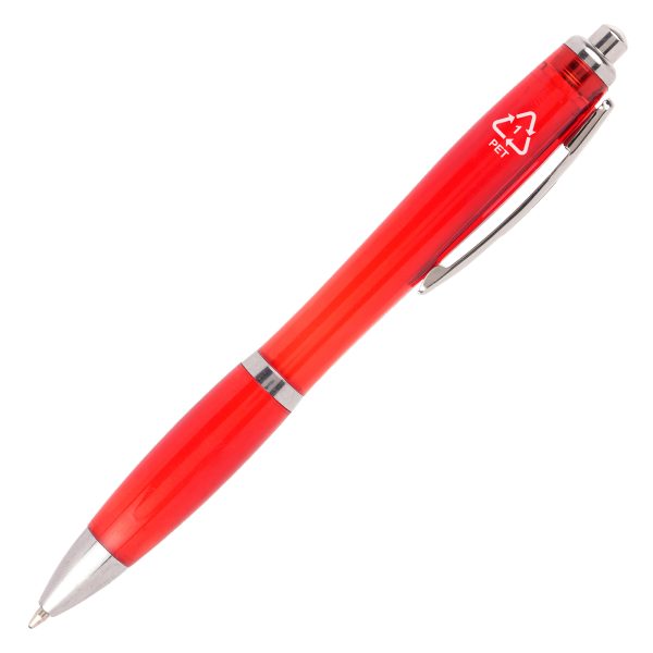 95% recycled RPET plastic ball pen with a push action and curvy design. An added iron clip for premium touch.