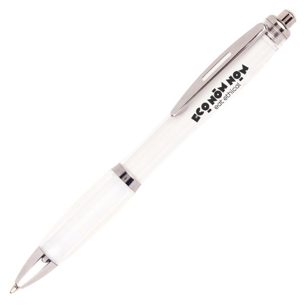 95% recycled RPET plastic ball pen with a push action and curvy design. An added iron clip for premium touch.